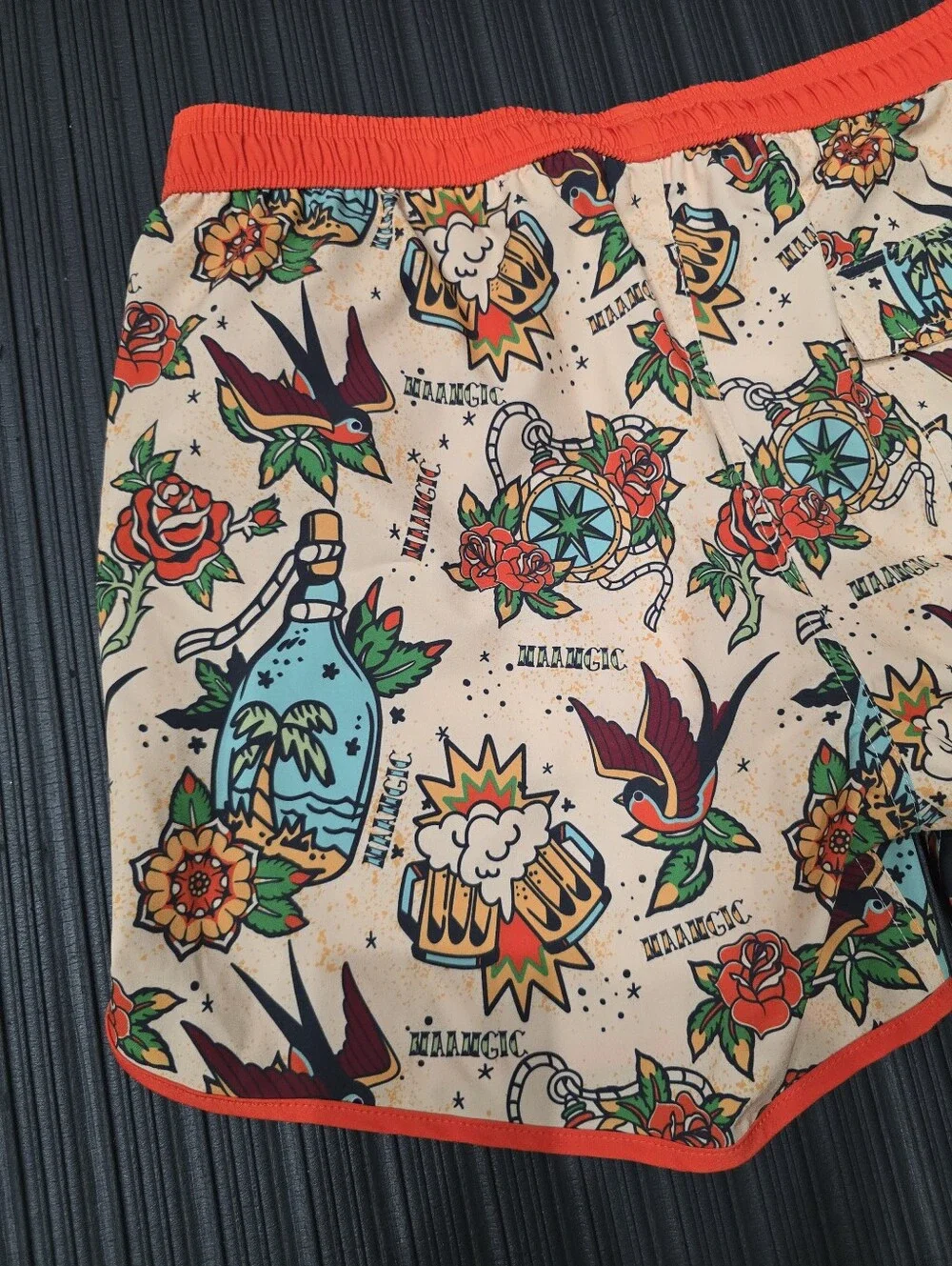 Maamgic Graphic Tattoo Print Artsy Mens Swim Trunks XL Beige Orange Tropical